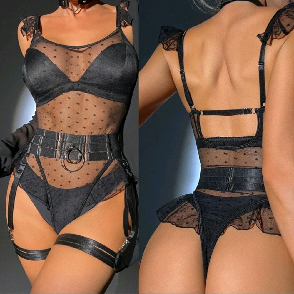 Dots Garter Lingerie For Women Sexy Sheer Teddy Babydoll Night Club Bodysuit